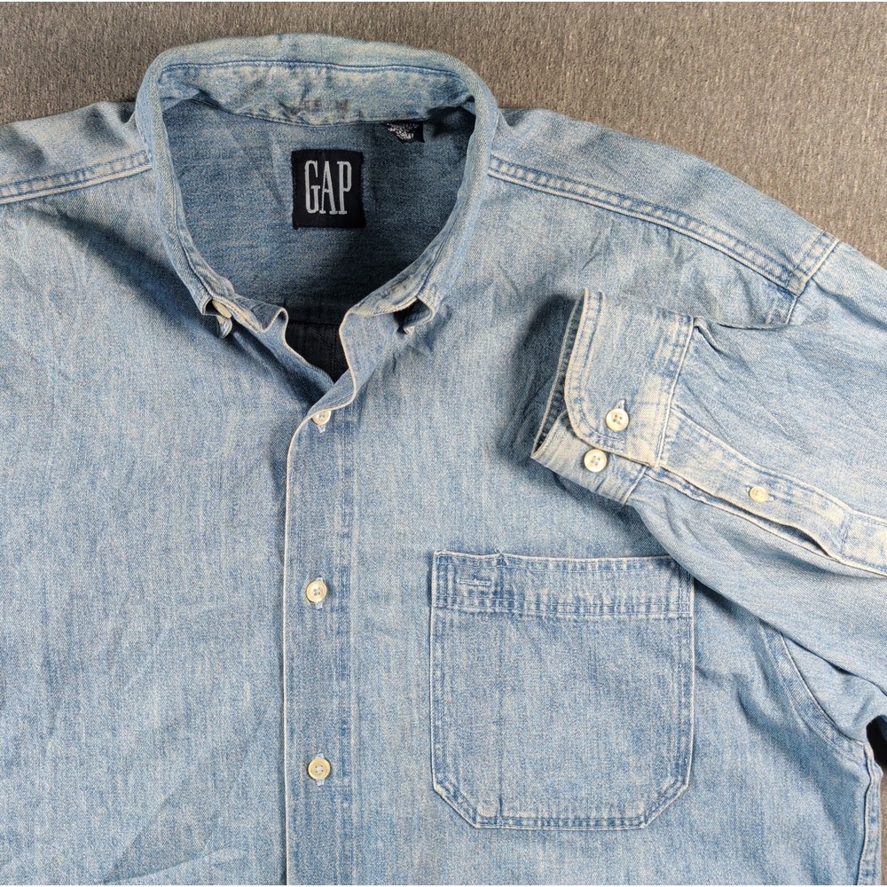 90s GAP Shirt Sz Large Blue Denim Button Long Sleeve Casual Made In USA Vtg